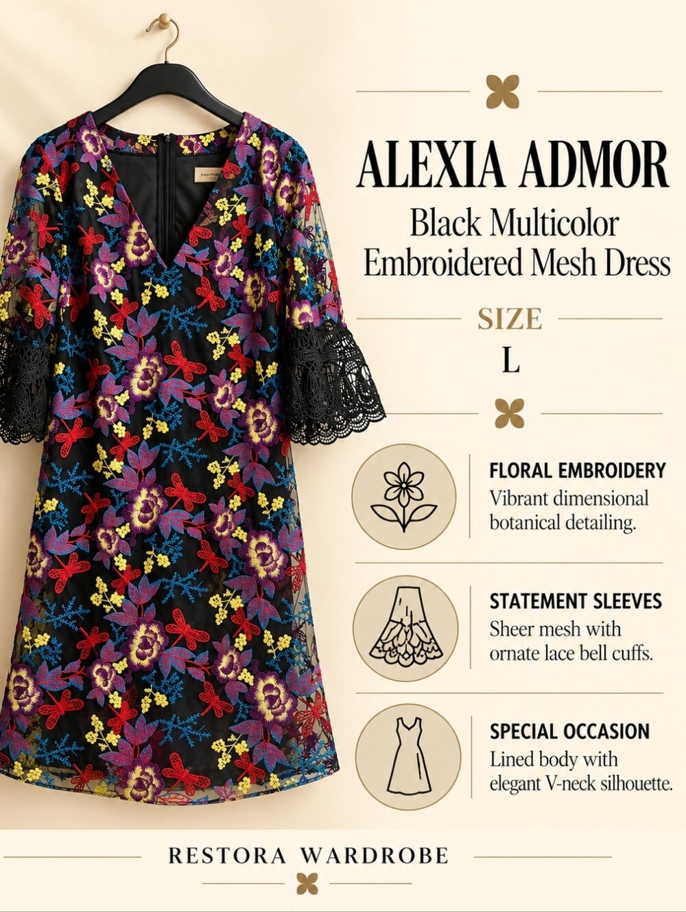 Alexia Admor Dragonfly Floral Embroidered Black Mesh Lace Sleeve Dress L